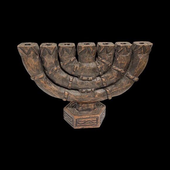 Vintage Large Carved Wood 7 Branch Menorah/Candelabra Signed - Picture 8 of 17